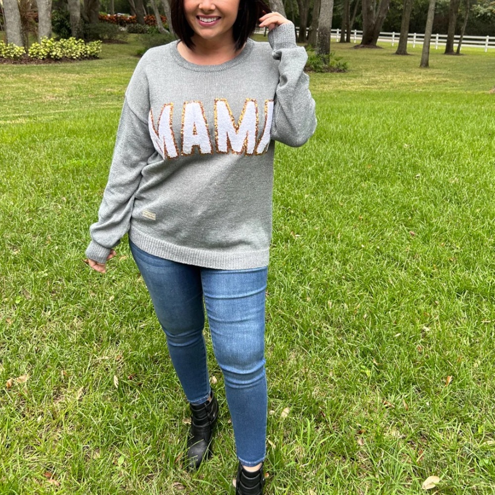Simply Southern "MAMA" Sparkle Oversized Gray Sweater Sequined Sz M